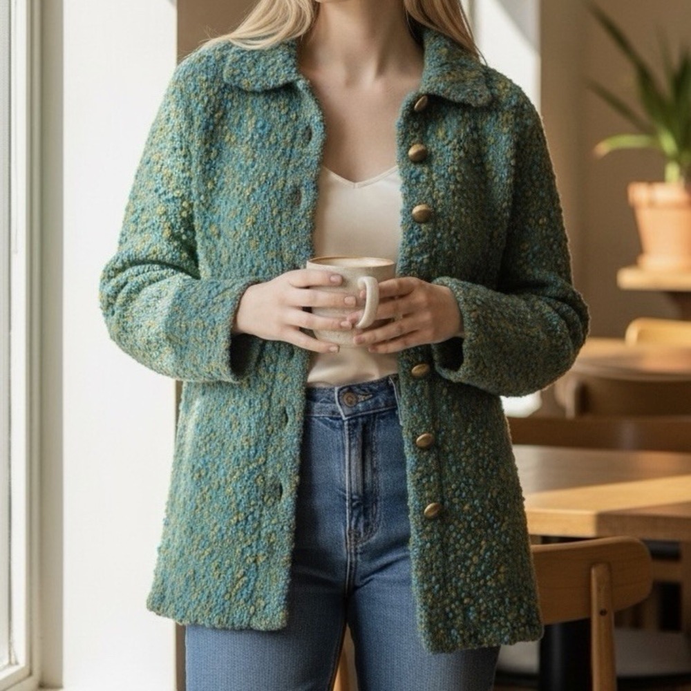 Vintage Textured Sweater Green Blue Turquoise Gold Buttons Handmade? Size Med?